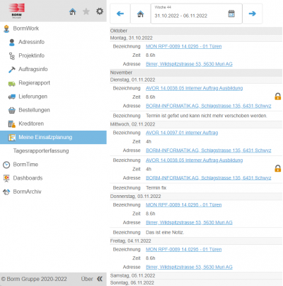 Desktop "Meine Einsatzplanung" BormLive