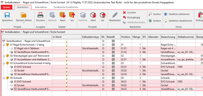 Datei:Evo Selektion Positionen Vorkalkulation ab Word Version 6.png